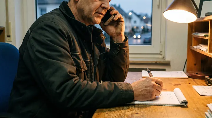 Mann am Schreibtisch telefoniert und macht sich Notizen
