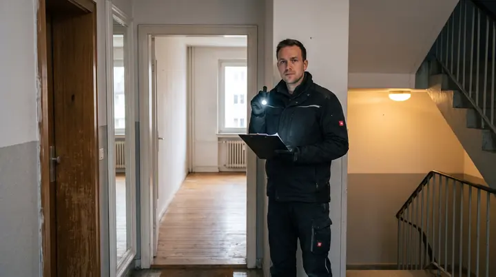 Mitarbeiter steht mit Klemmbrett in einer offenen Wohnungstür