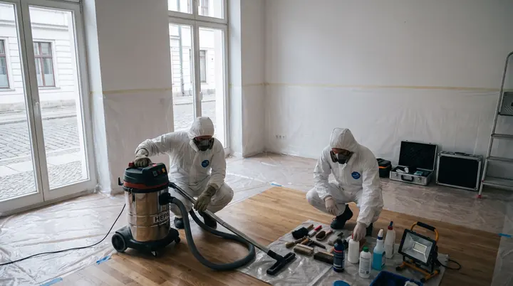 Zwei Mitarbeiter arbeiten in einem abgeschotteten Raum mit Folie und Arbeitsleuchte