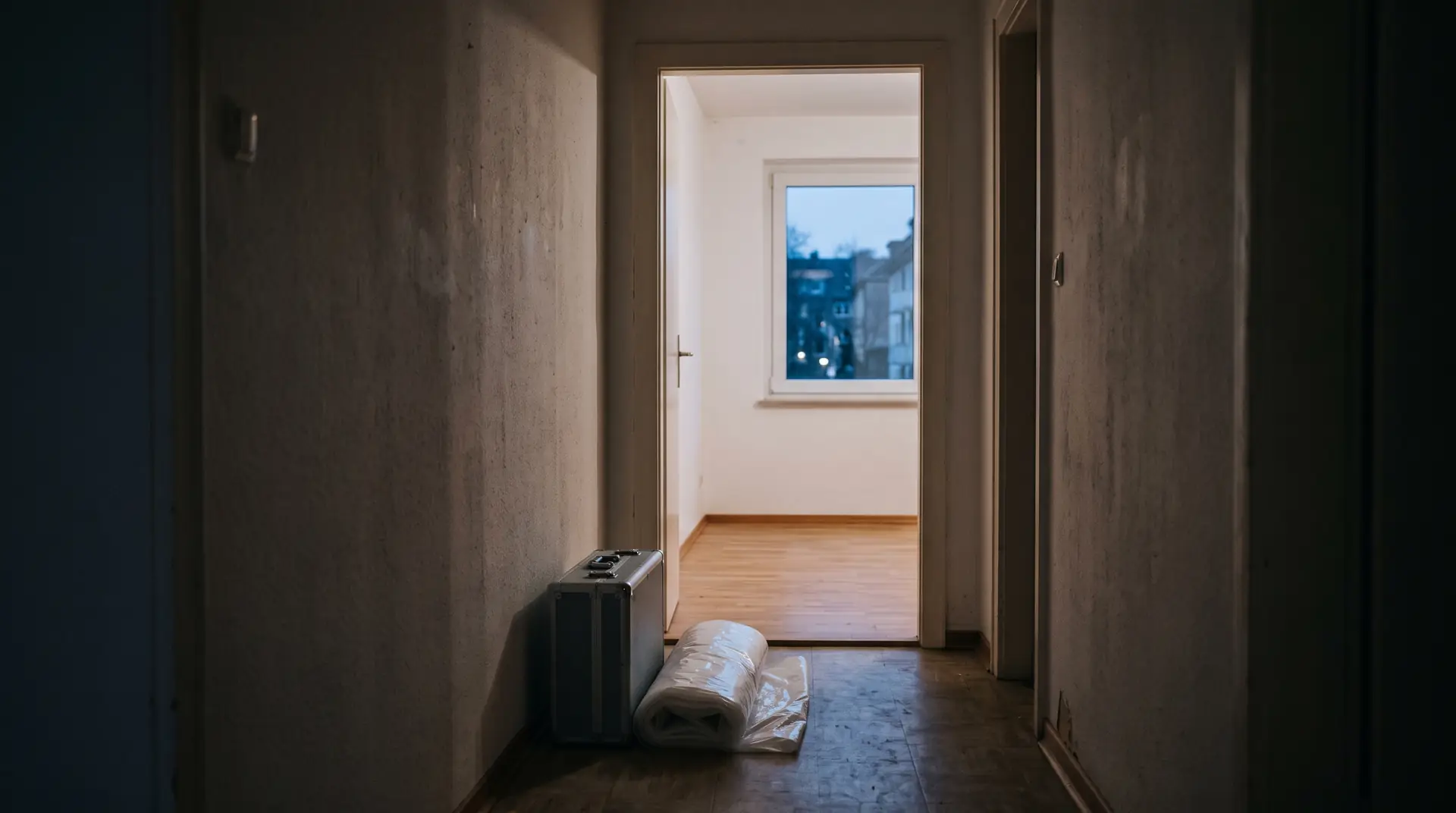 Leerer Wohnungsflur in der Abenddämmerung, davor ein Gerätekoffer und eine Rolle Schutzfolie
