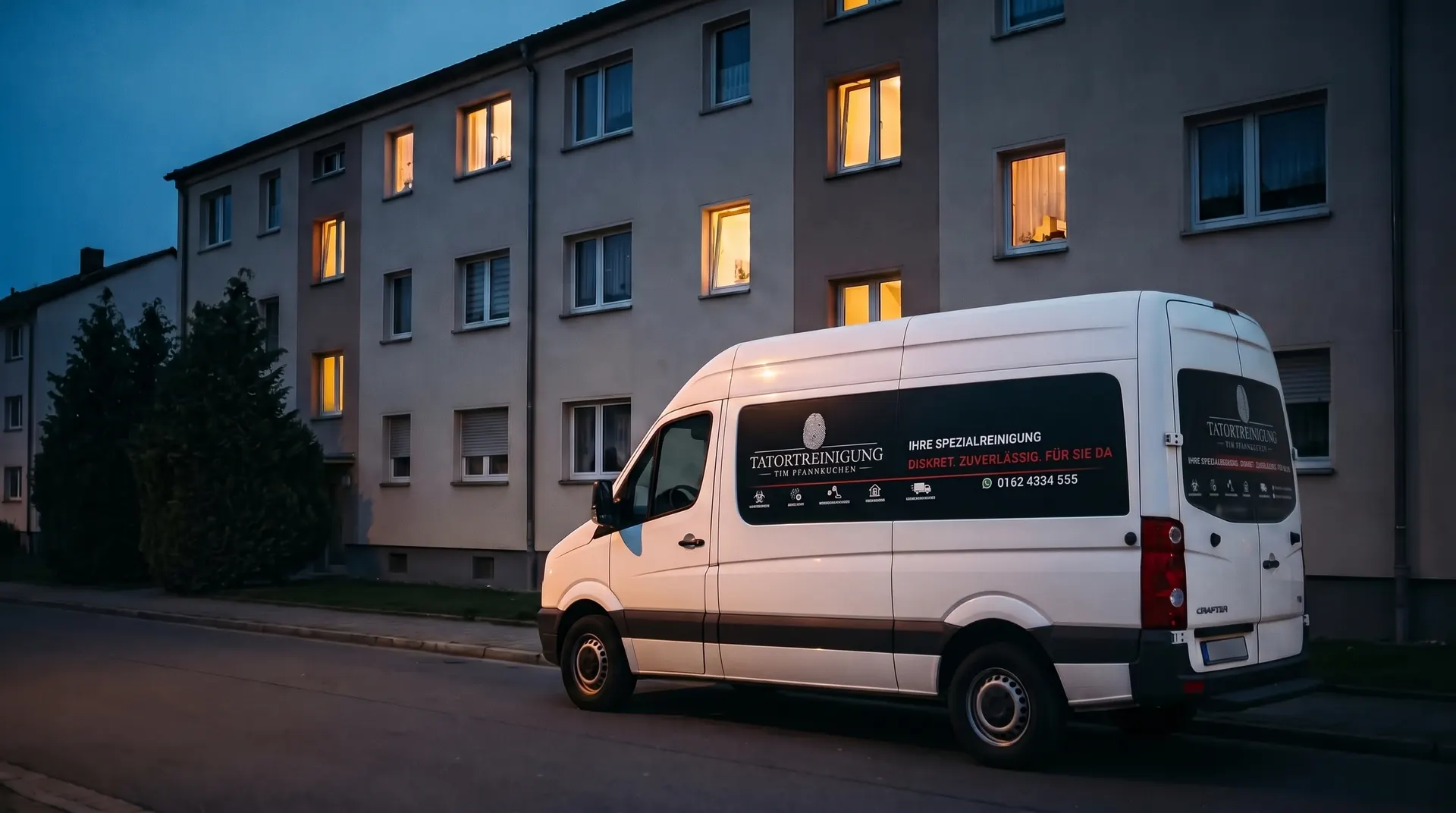 Wohnhaus in der Dämmerung, davor ein neutraler Transporter