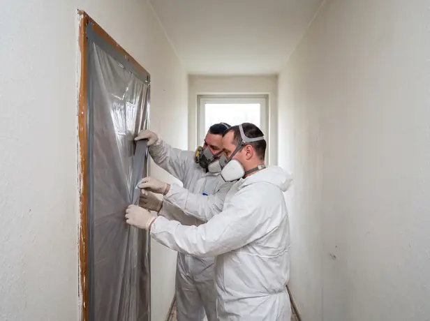 Zwei Mitarbeiter kleben eine Tür mit Folie ab