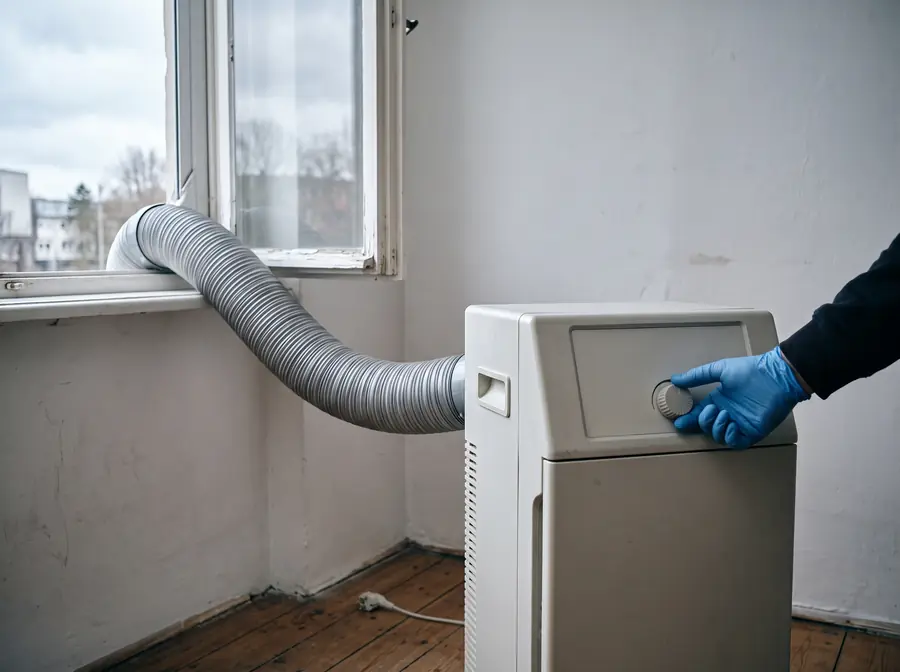 Behandschuhte Hand stellt einen Luftreiniger mit Abluftschlauch am gekippten Fenster ein