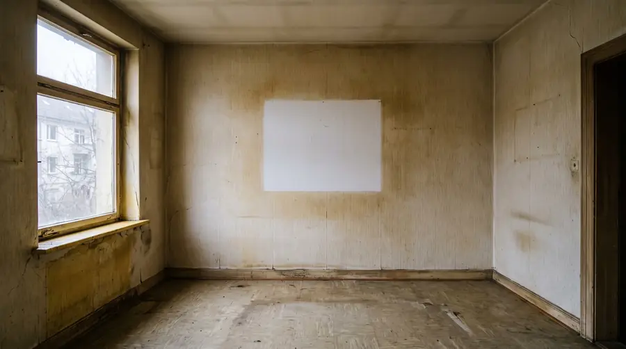 Leeres Zimmer mit gelbbraun verfärbten Wänden und einem hellen Fleck von einem Bild