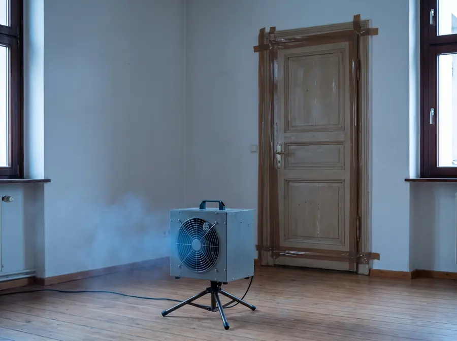 Ozongenerator läuft in einem leeren Zimmer mit abgeklebter Tür