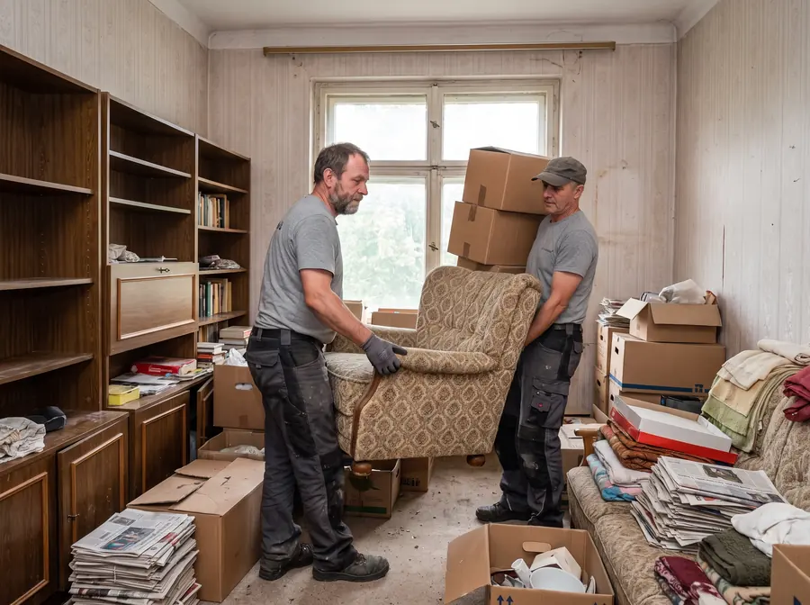 Zwei Mitarbeiter tragen Möbel und Kartons aus einer vollgestellten Wohnung
