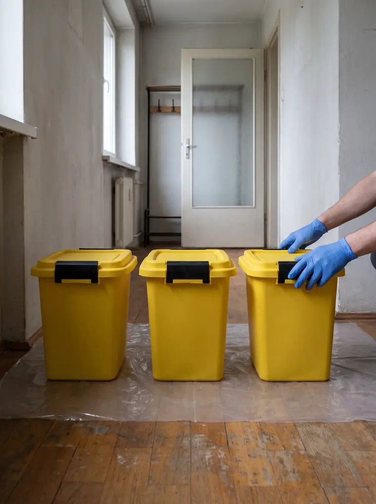 Verschlossene gelbe Behälter für kontaminierte Abfälle stehen im Flur
