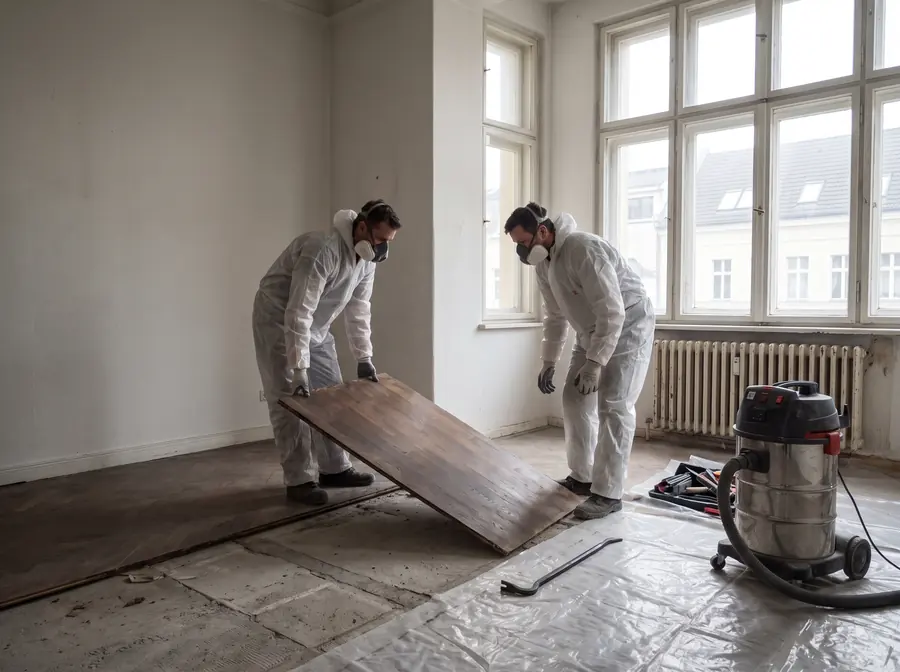 Mitarbeiter heben eine herausgeschnittene Dielenplatte aus einem leeren Zimmer
