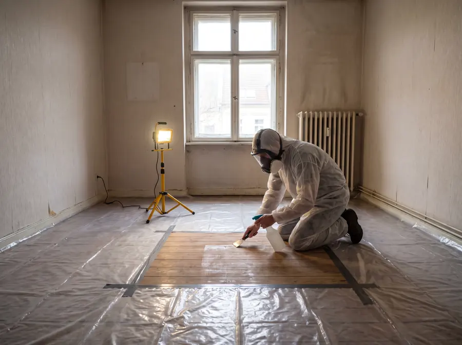 Zwei Mitarbeiter in Schutzanzügen arbeiten auf abgeklebter Folie in einem leeren Raum