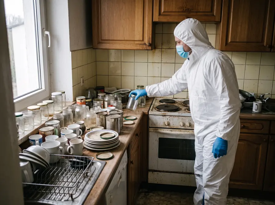 Mitarbeiter im Schutzanzug räumt eine vollgestellte Küchenarbeitsplatte ab