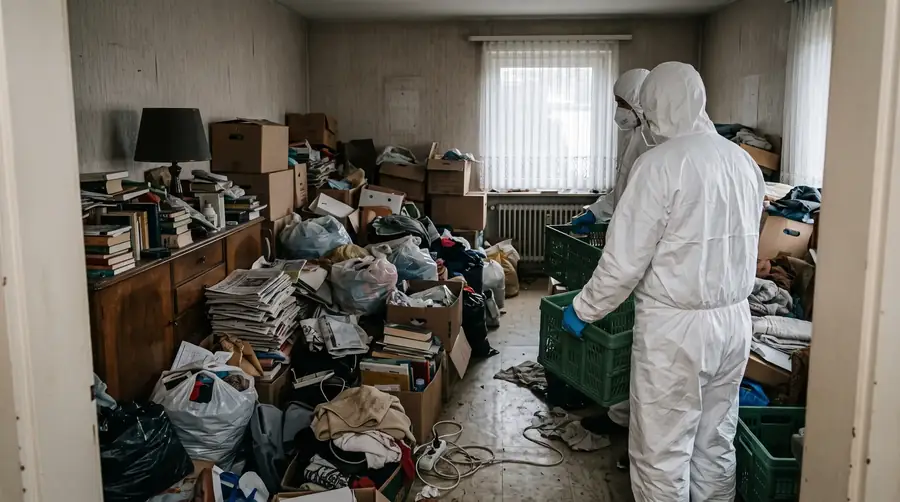 Zwei Mitarbeiter in Schutzanzügen stehen mit leeren Kisten vor gestapelten Kartons in einer vollgestellten Wohnung