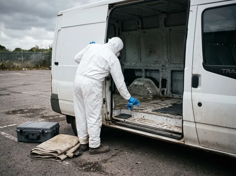 Mitarbeiter im Schutzanzug reinigt den ausgeräumten Innenraum eines Fahrzeugs