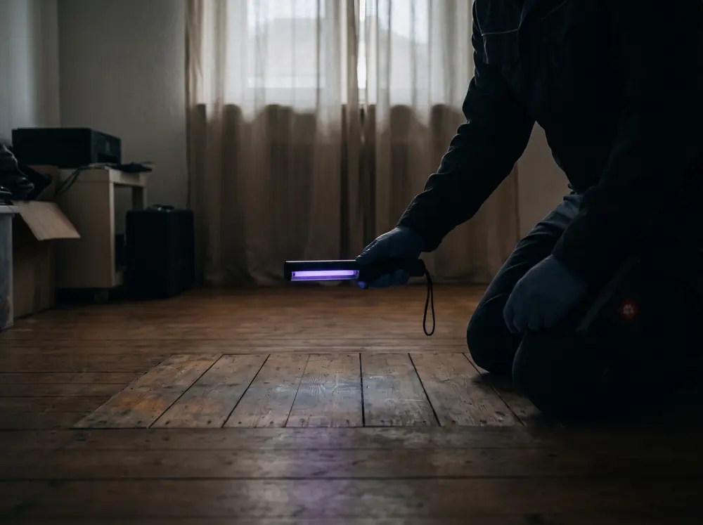 Mitarbeiter prüft den Boden mit einer UV-Lampe
