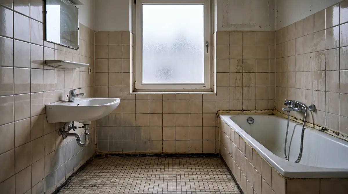 Badezimmer mit vergilbten Silikonfugen und dunklen Bodenfugen