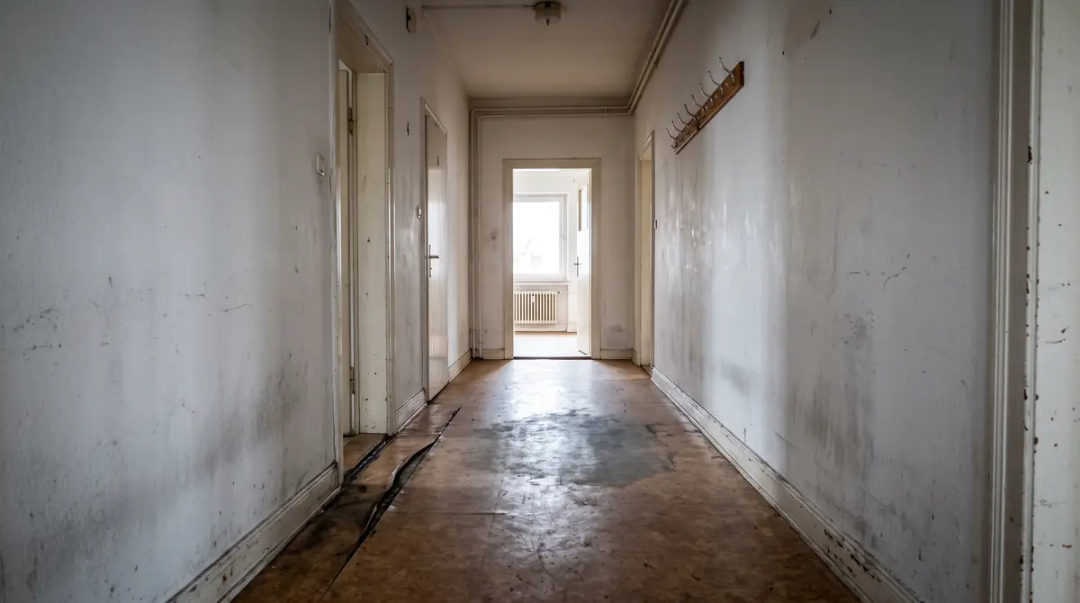 Wohnungsflur mit dunkel verfärbtem Linoleum und verschmutztem Wandsockel