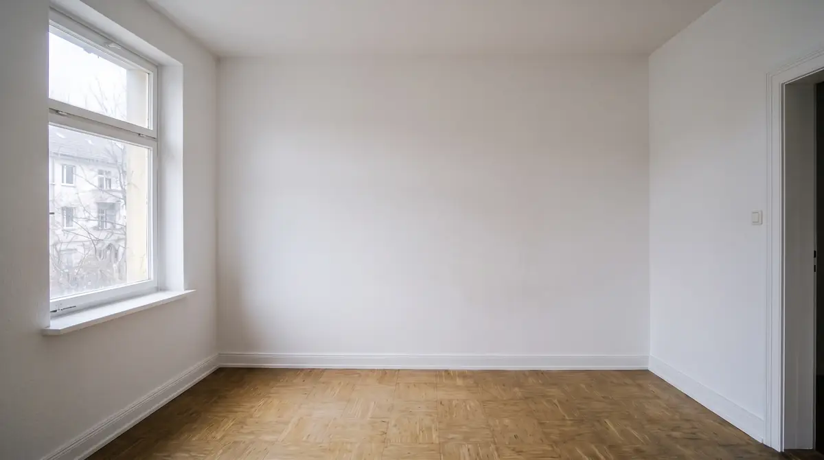Dasselbe Zimmer mit frisch weiß gestrichenen Wänden und sauberem Parkett