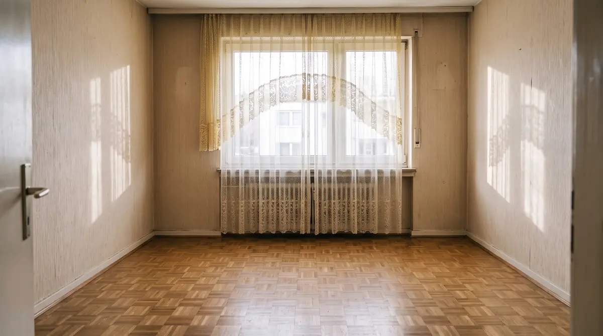 Dasselbe Wohnzimmer leergeräumt und gekehrt