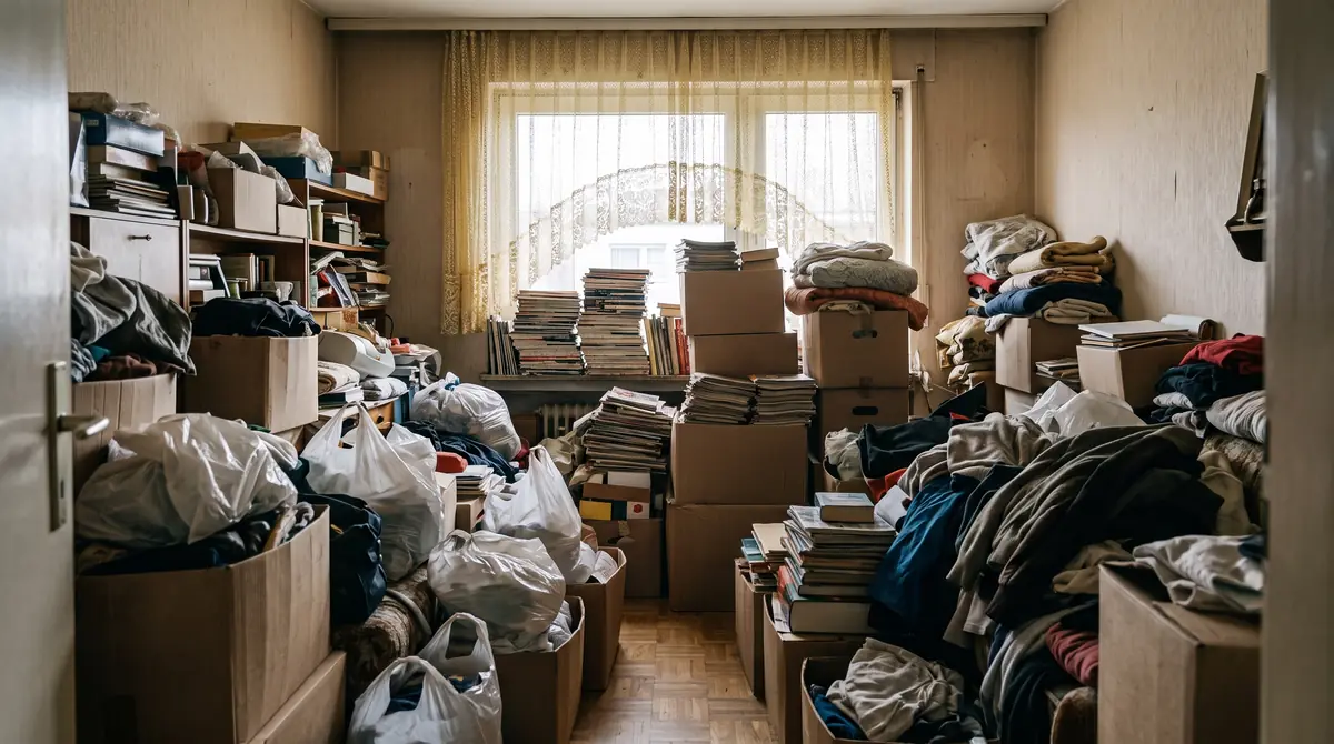 Wohnzimmer bis in Brusthöhe mit Kartons, Tüten und Stapeln gefüllt