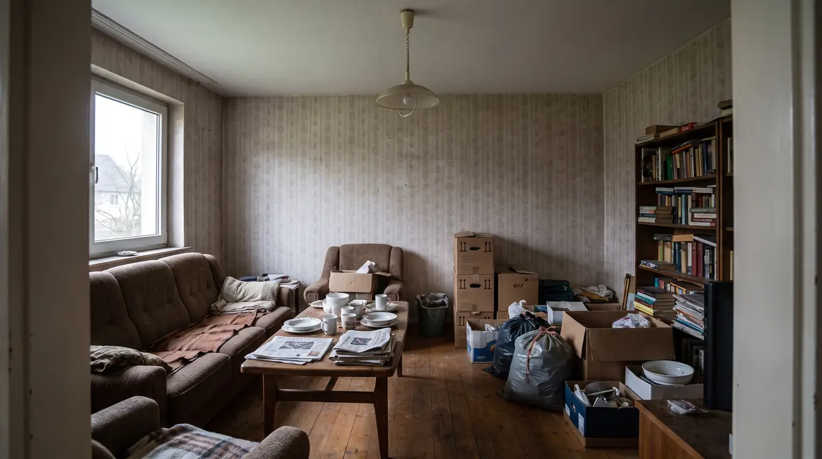 Vollgestelltes Wohnzimmer mit Möbeln, Kartons und Papierstapeln
