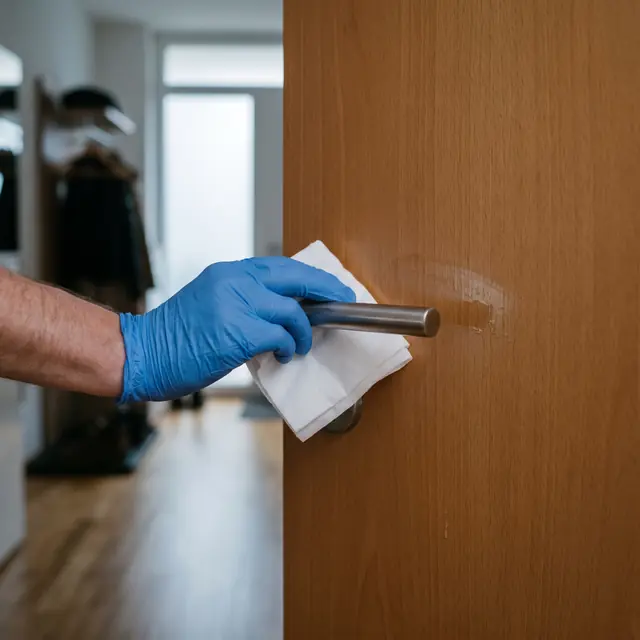 Behandschuhte Hand wischt eine Türklinke mit einem Tuch ab