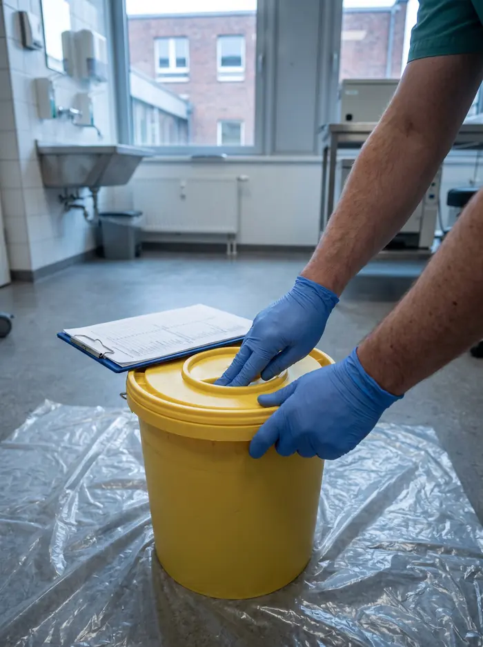 Behandschuhte Hände verschließen einen gelben Behälter, daneben liegt ein Formular