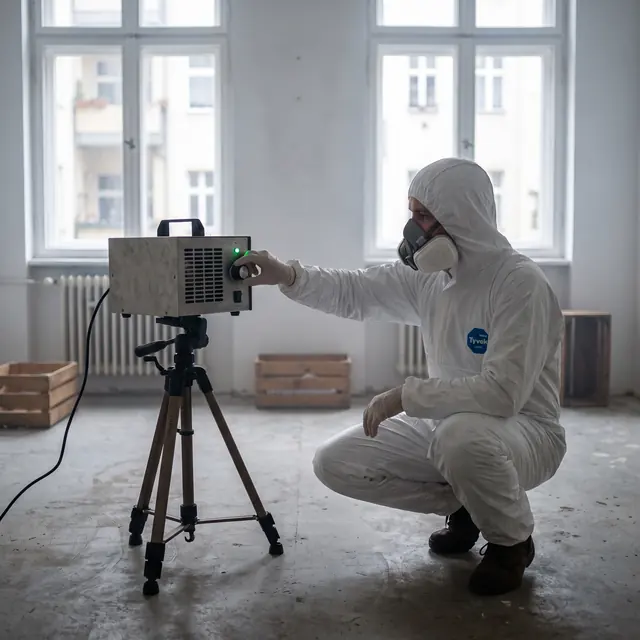 Mitarbeiter mit Atemschutz stellt einen Ozongenerator ein