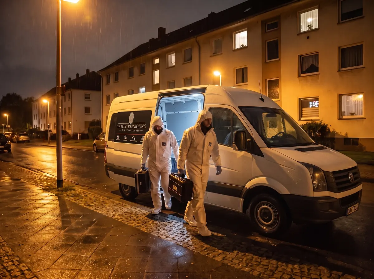 Zwei Mitarbeiter steigen nachts im Regen mit Gerätekoffern aus dem beschrifteten Einsatztransporter