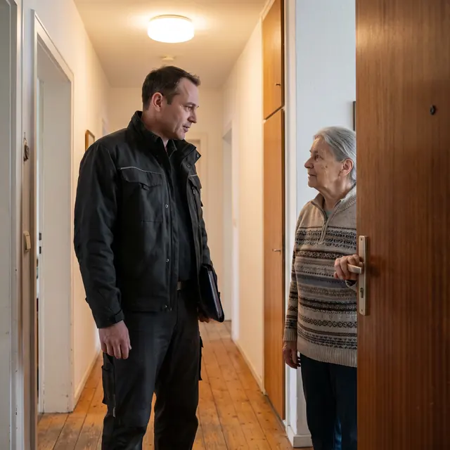 Mitarbeiter spricht in einer Wohnungstür ruhig mit einer älteren Frau